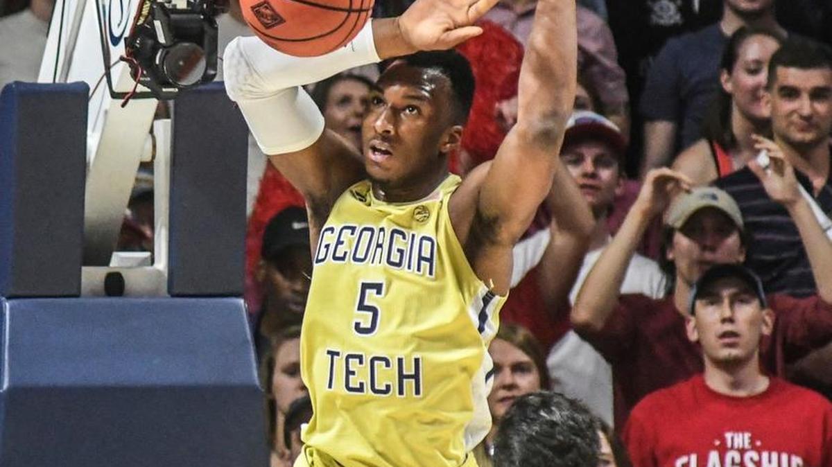 Georgia Tech guard Josh Okogie (5) dunks against Mississippi forward Sebastian Saiz (11) during their NIT game last week. Okogie and the Yellow Jackets play Cal State-Bakersfield on Tuesday in an NIT semifinal.
