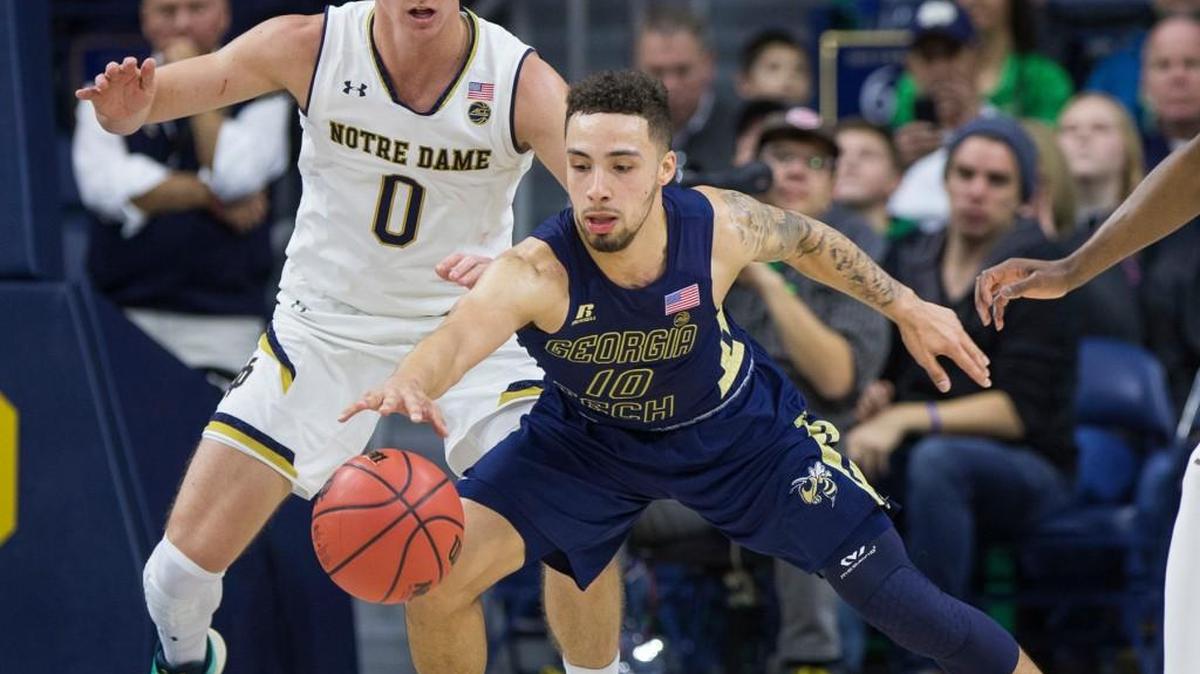 Georgia Tech’s Jose Alvarado (10) gains control of the ball in front of Notre Dame’s Rex Pflueger (0) during the second half of an their game Dec. 30 in South Bend, Indiana.