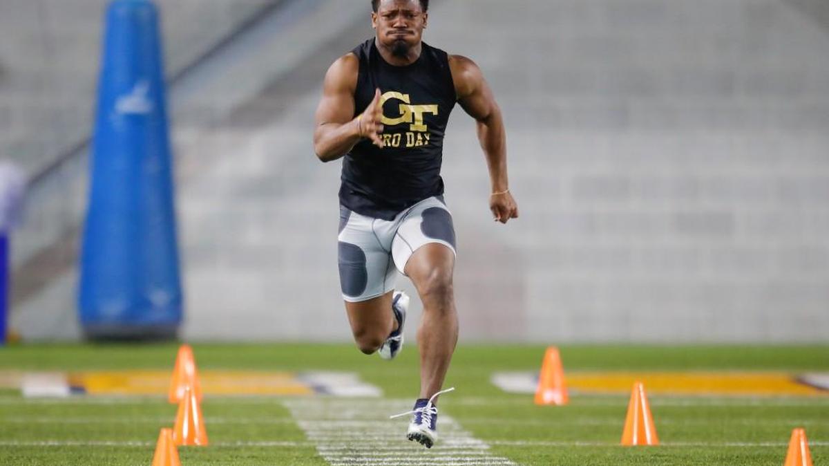 Georgia Tech defensive back Lawrence Austin participates in the 40 yard dash during Georgia Tech’s Pro Day on Friday in Atlanta.