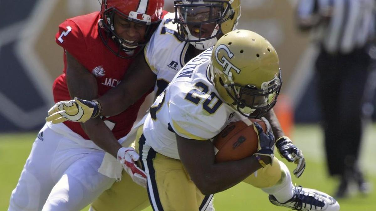 Georgia Tech defensive back Lawrence Austin (20) runs after an interception during the first half of an NCAA college football game against Jacksonville State, Saturday, Sept. 9, 2017 in Atlanta.