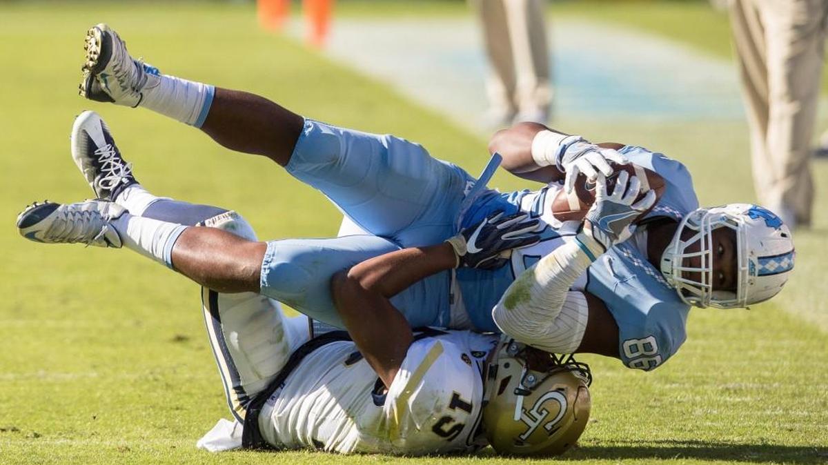 Georgia Tech’s A.J. Gray, bottom, has 64 tackles this season.