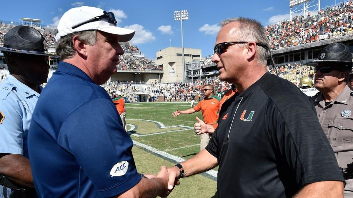 Georgia Tech head coach Paul Johnson, left, and Miami head coach faced off last year.