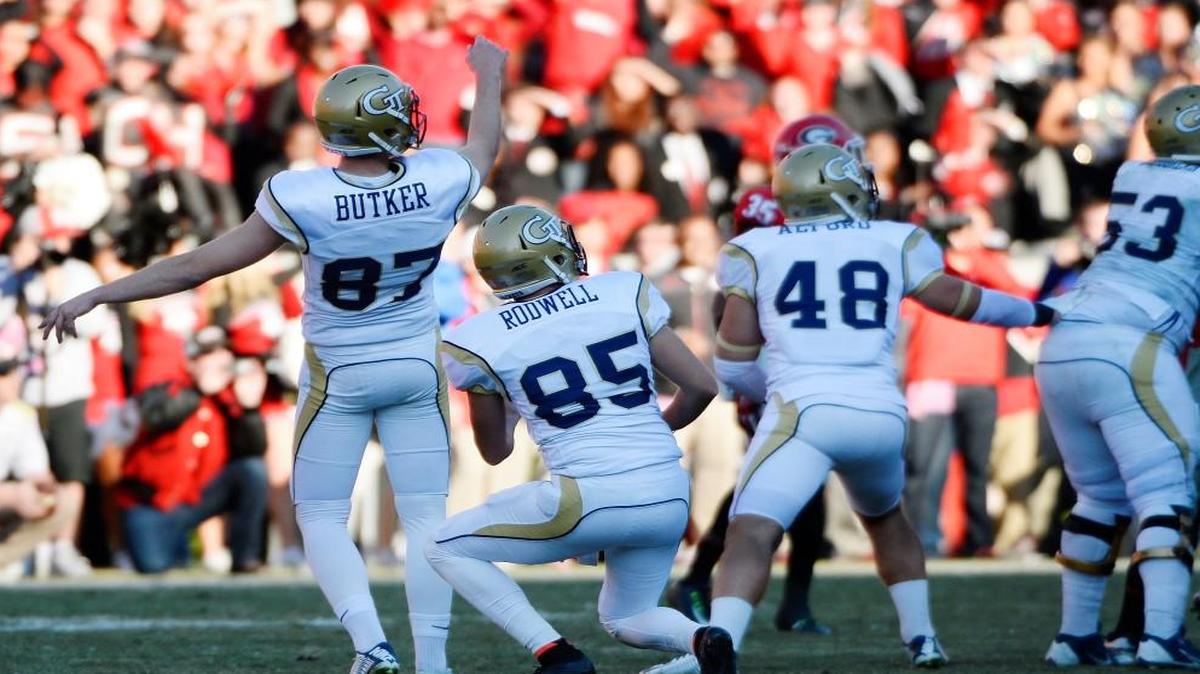 Georgia Tech kicker Harrison Butker (87) watches his a 53-yard field goal to tie the game at the end of regulation in an NCAA college football game against Georgia, Saturday, Nov. 29, 2014, in Athens, Ga. Georgia Tech won 30-24 in overtime.