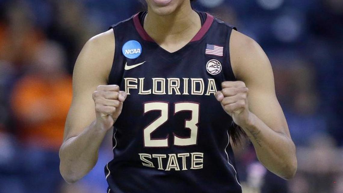 Florida State forward Ivey Slaughter, a Tattnall Square grad, smiles after scoring against Oregon State during the Seminoles’ 66-53 win Saturday in an NCAA women’s tournament regional semifinal. Slaughter and teammate Nausia Woolfolk of Peach County will face South Carolina and former Washington County star Allisha Gray on Monday for a trip to the Final Four.