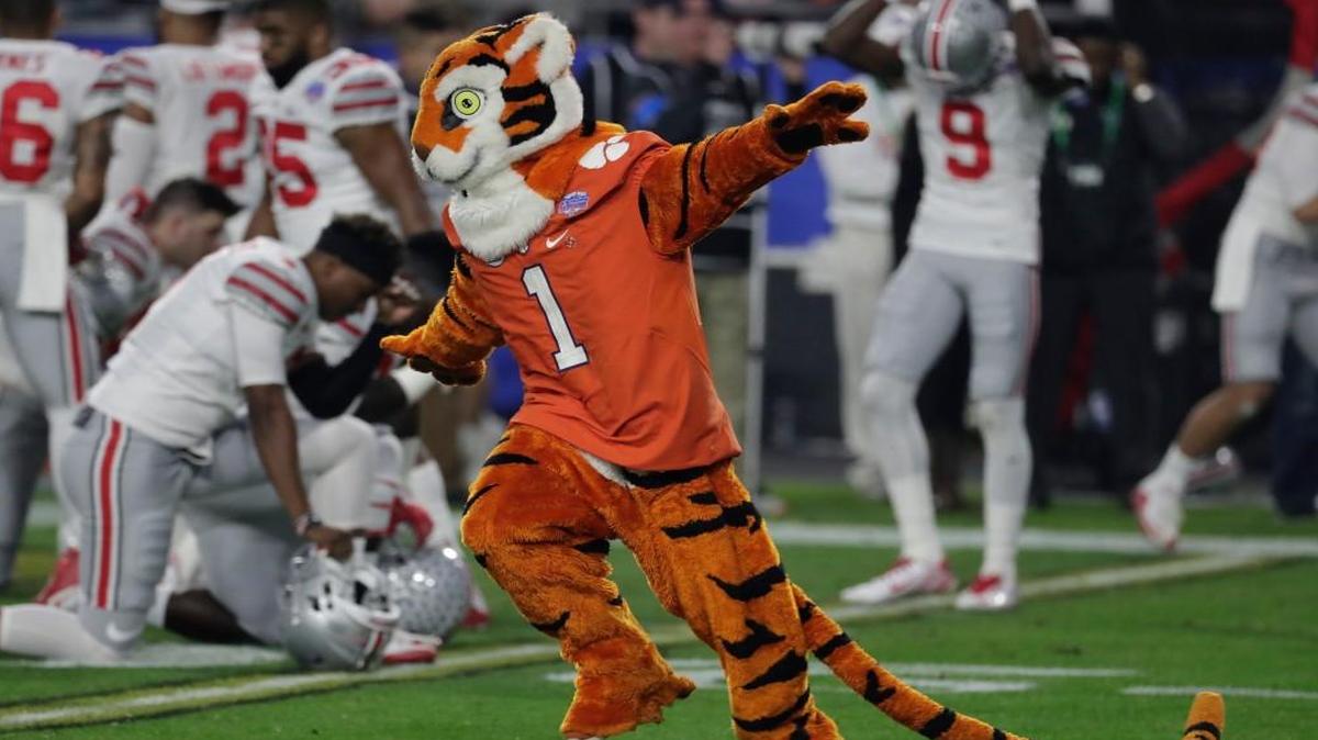 Clemson’s mascot, The Tiger, celebrates following Saturday’s Fiesta Bowl victory over Ohio State.