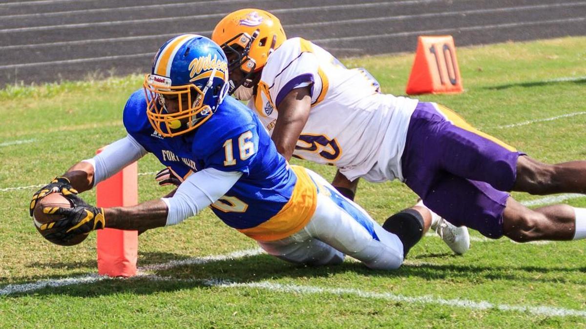 Fort Valley State's Tajee Steele (16) gets the ball just inside the pylon to score the Wildcats’ third touchdown against Benedict on Saturday.