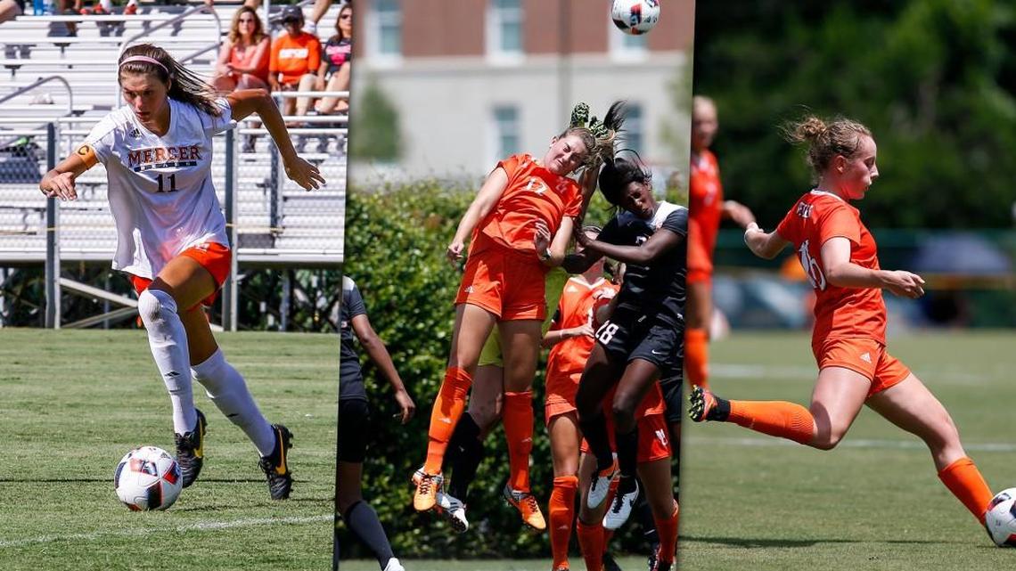 This handout photo from Mercer includes all-conference honorees Maddie Clark (11), Corinne Wooten (12) and Megan Delmonico (16).