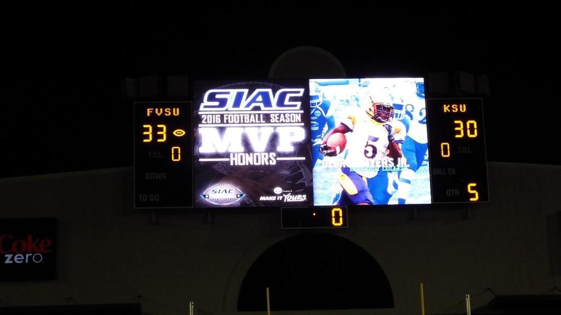 The scoreboard displays the score of Fort Valley State’s 33-30 win over Kentucky State on Saturday.