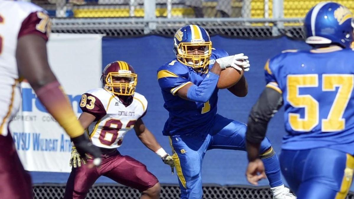 Fort Valley State defensive back Brian Walker (1) intercepts his second Central State pass, intended for Curtis Jones (83), during first-half action Saturday.