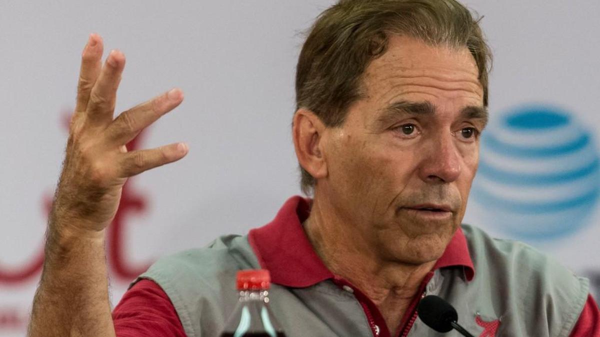 Alabama head coach Nick Saban talks with reporters during a news conference Thursday in Tuscaloosa, Alabama.