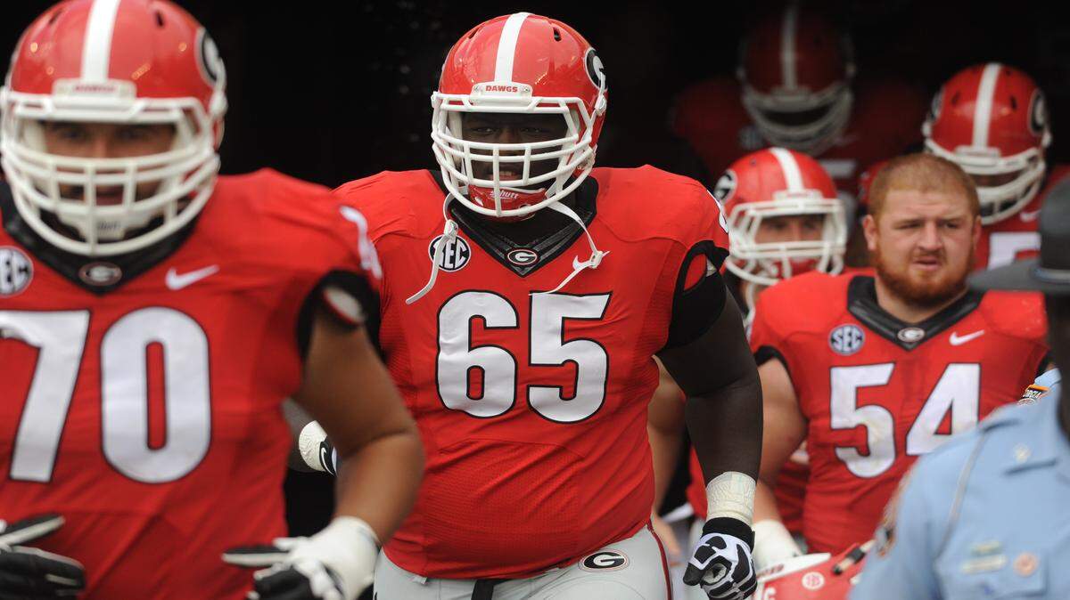 Georgia offensive tackle Kendall Baker (65) is someone to watch in 2016, at least according to outgoing tackle John Theus.