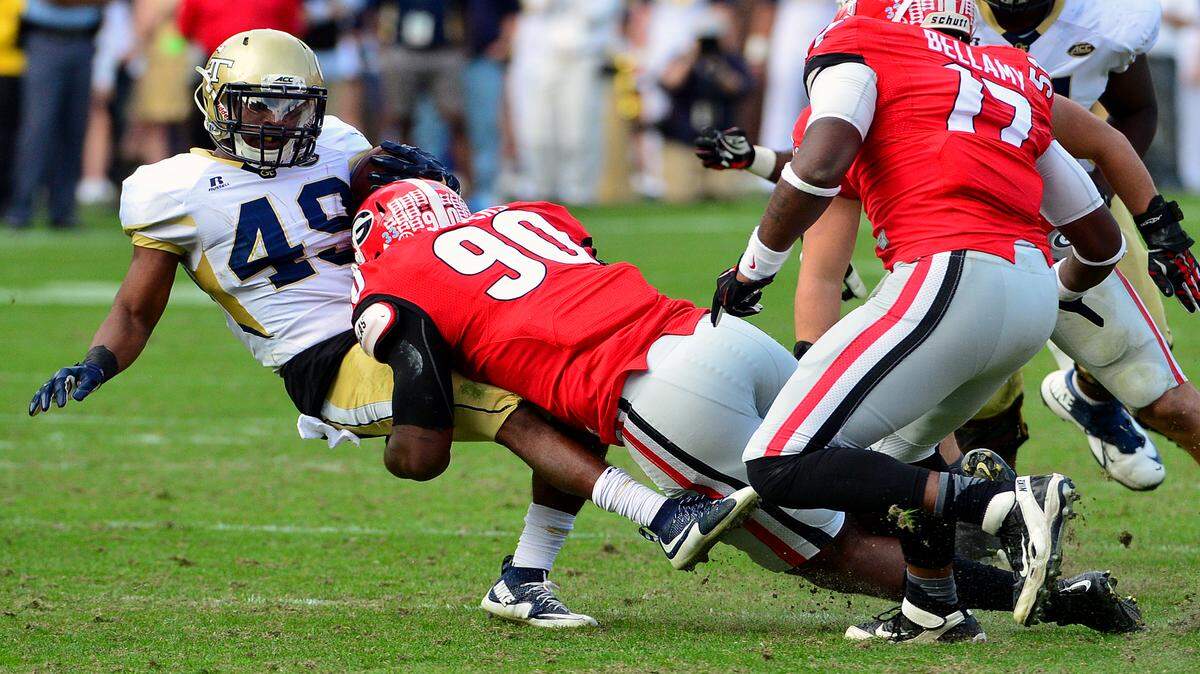 Chauncey Rivers delivers a tackle against Georgia Tech. 