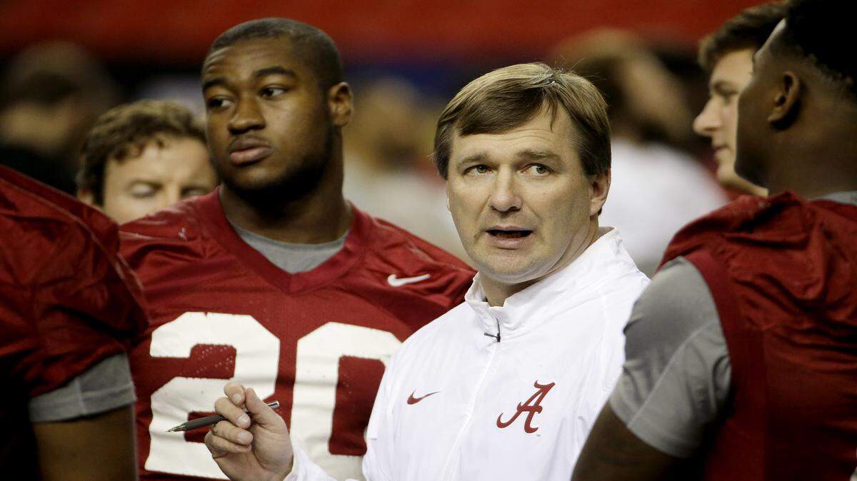 Alabama defensive coordinator Kirby Smart instructs his linebackers in Friday's SEC Championship practice at the Georgia Dome. 