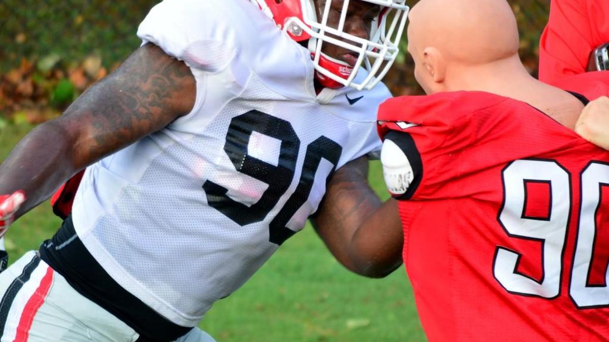 Georgia defensive lineman Chauncey Rivers (90) during the Bulldogs' session on the Woodruff Practice Fields on Tuesday, Aug. 11, 2015, in Athens, Ga.