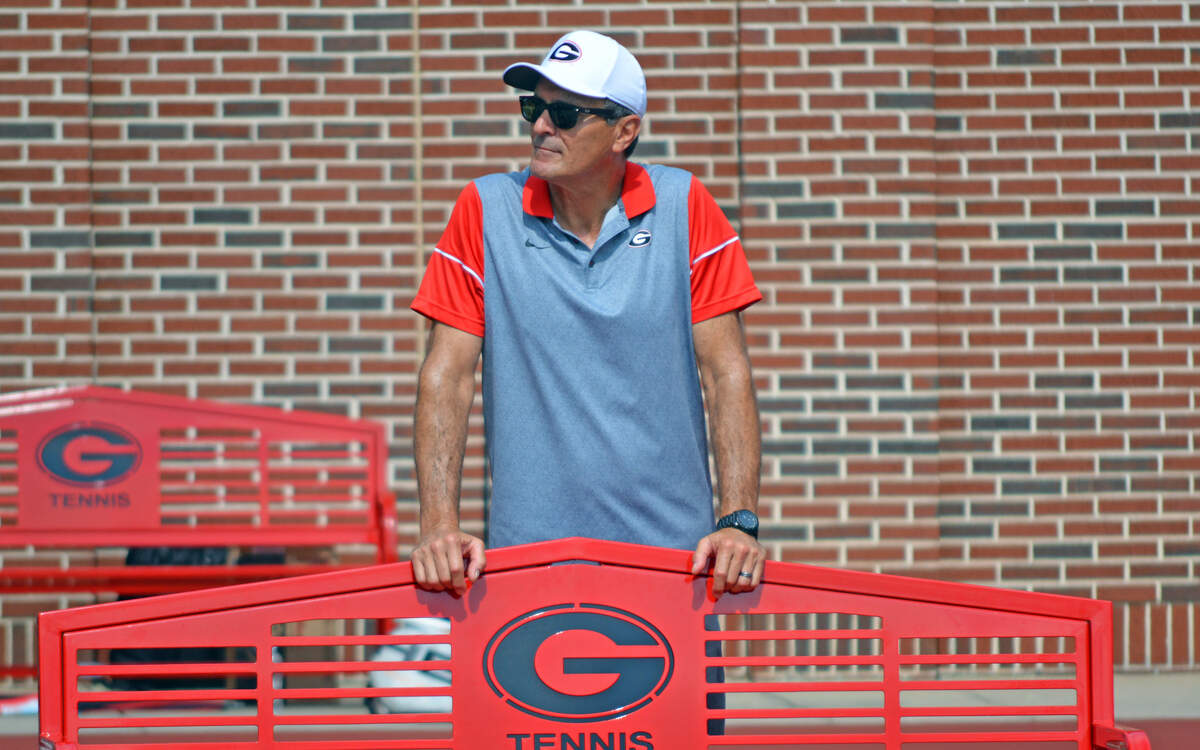 Georgia head coach Manuel Diaz looks on during Georgia's match against North Carolina. 