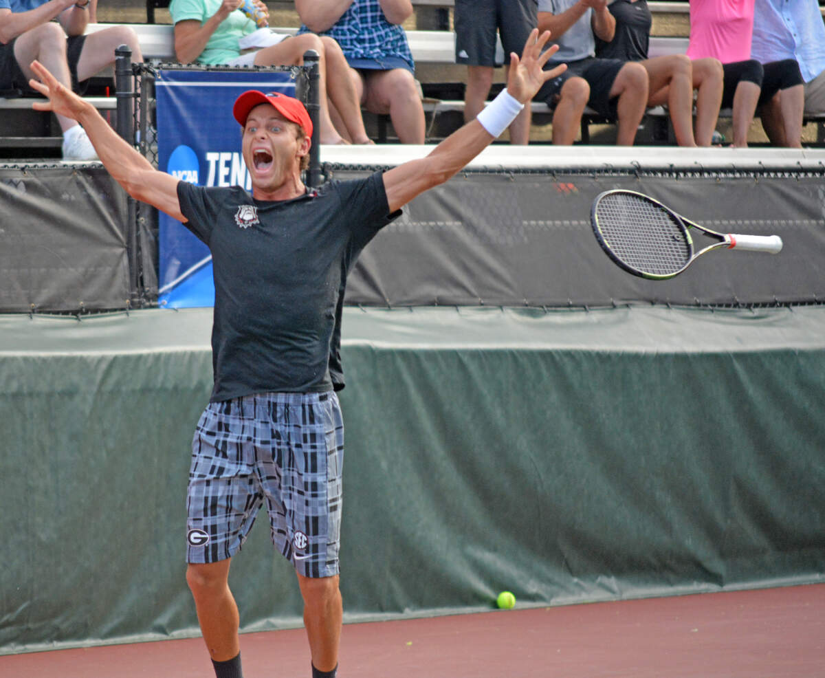 Wayne Montgomery celebrates after a match-clincher against USC in the Round of 16.