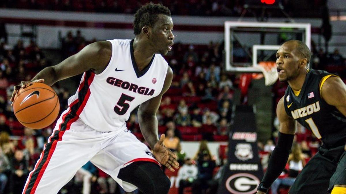 Forward Pape Diatta looks to drive to the hoop during Georgia’s win over Missouri.
