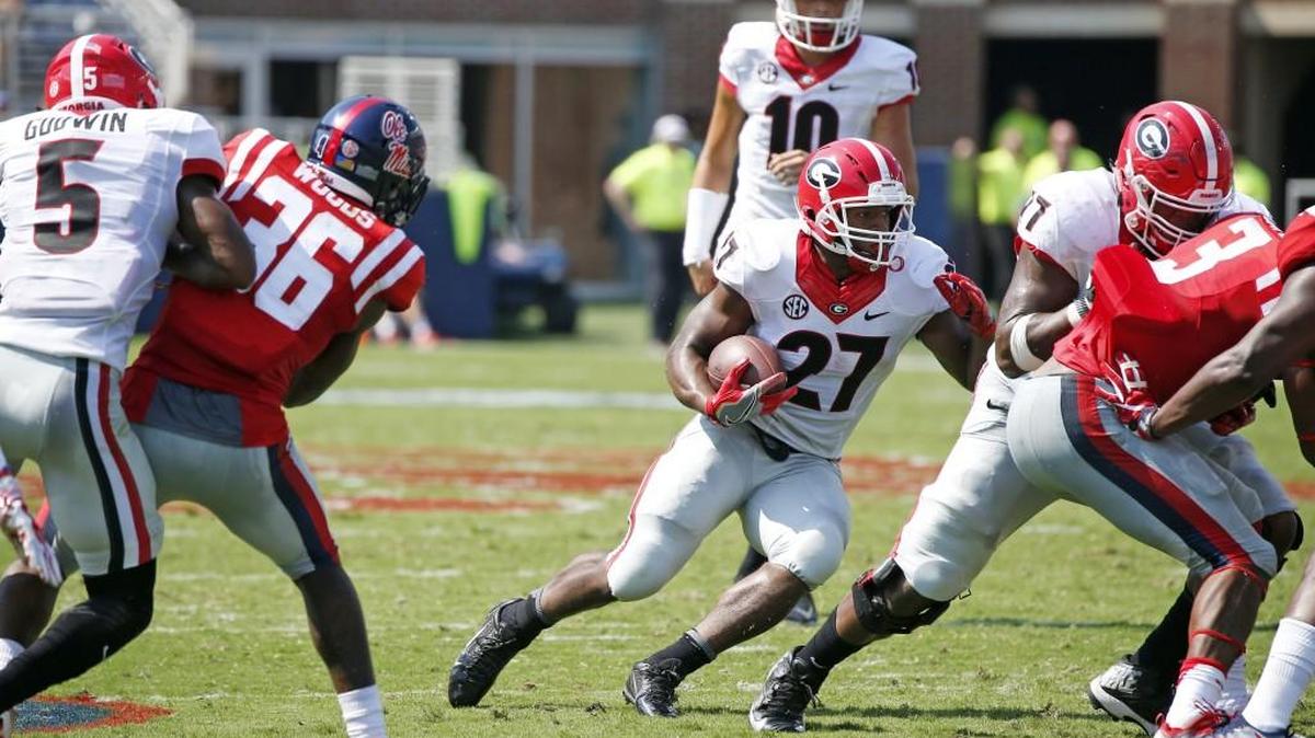 Georgia running back Nick Chubb (27) sprained his ankle against Ole Miss and his status is uncertain for Saturday against Tennessee.