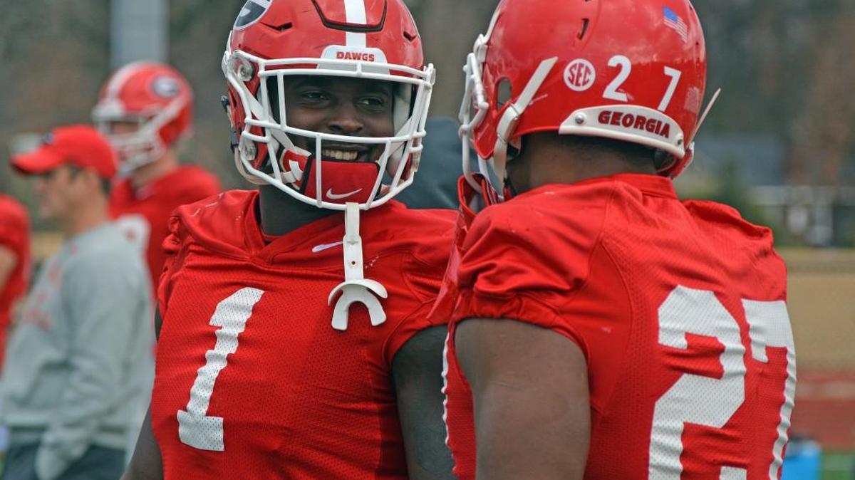 Georgia running backs Sony Michel (1) and Nick Chubb (27).