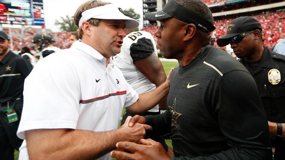 Georgia head coach Kirby Smart and Vanderbilt head coach Derek Mason following the two teams’ game in 2016.