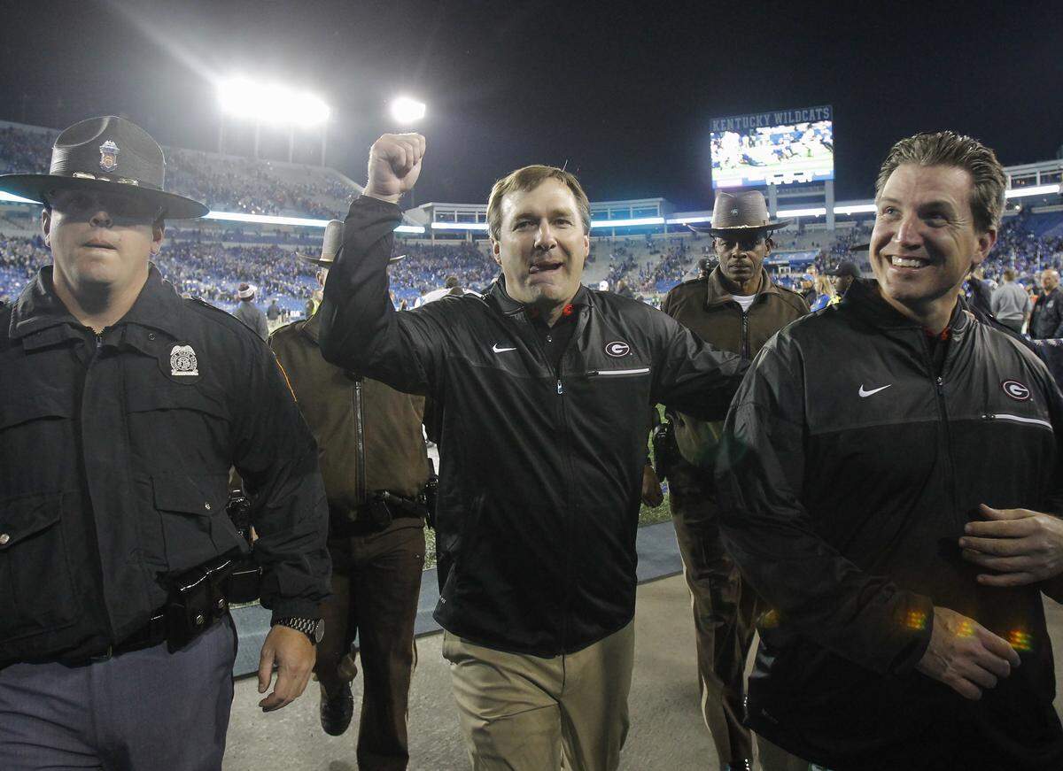 Kirby Smart celebrated as he walked off the field following Georgia’s 27-24 win at Kentucky in 2016. In UK’s eight meetings with the Bulldogs in the Mark Stoops coaching era, that is the only time the Wildcats have played the Dawgs within single digits.