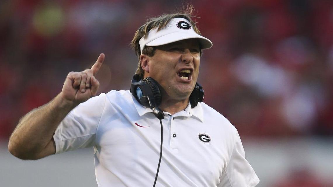 Georgia head coach Kirby Smart yells on the sideline during Saturday’s win over South Carolina.