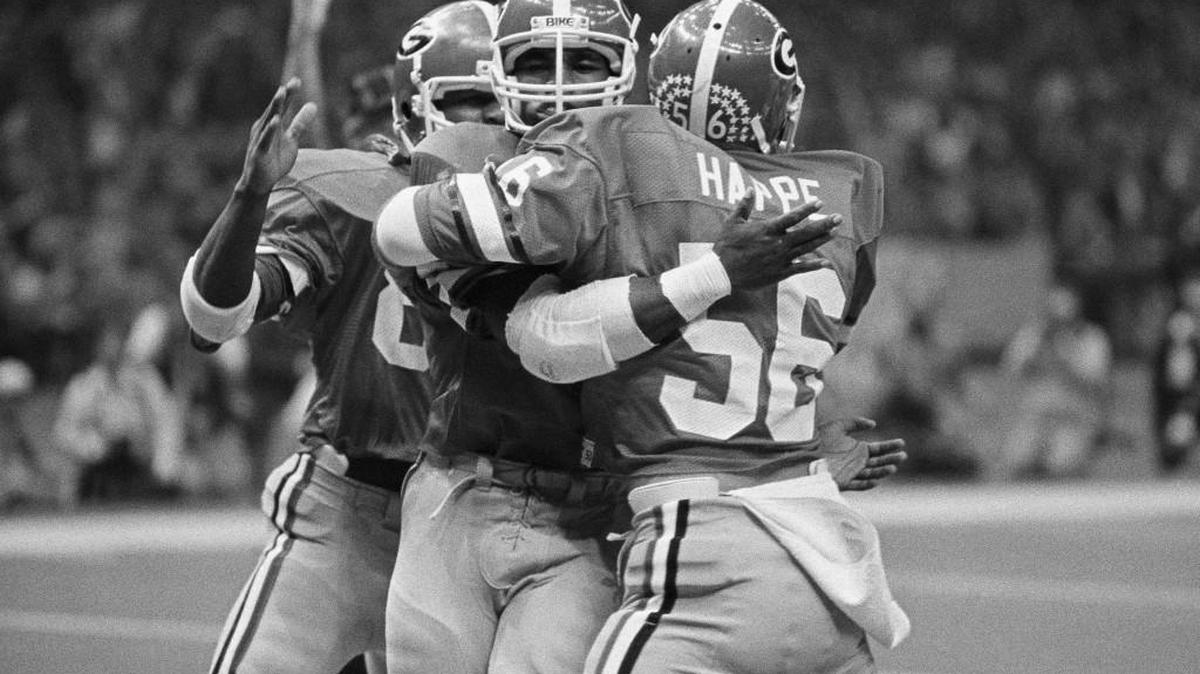 Georgia's Herschel Walker, Joe Happe and Clarence Kay celebrate after defeating Notre Dame in the 1981 Sugar Bowl.