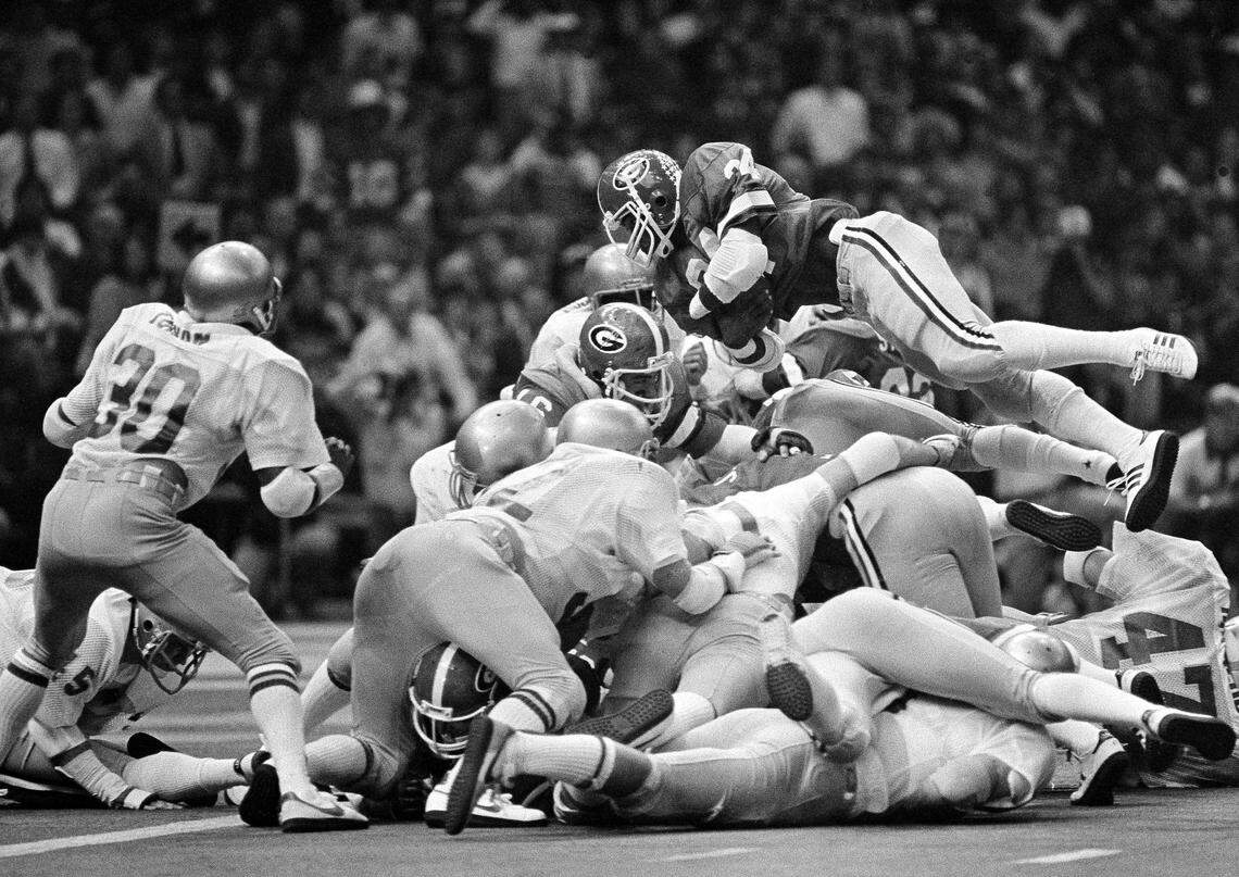 Herschel Walker dives for a 1-yard touchdown in the 1981 Sugar Bowl. 