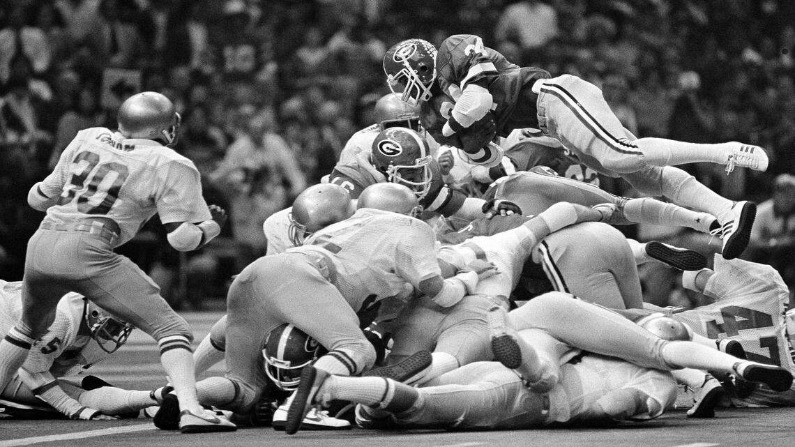 Herschel Walker dives for a 1-yard touchdown in the 1981 Sugar Bowl. 