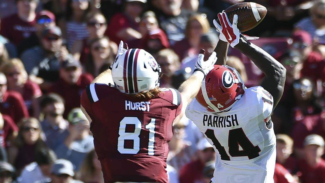 Malkom Parrish intercepts a pass during the second quarter of Georgia's game against South Carolina. 