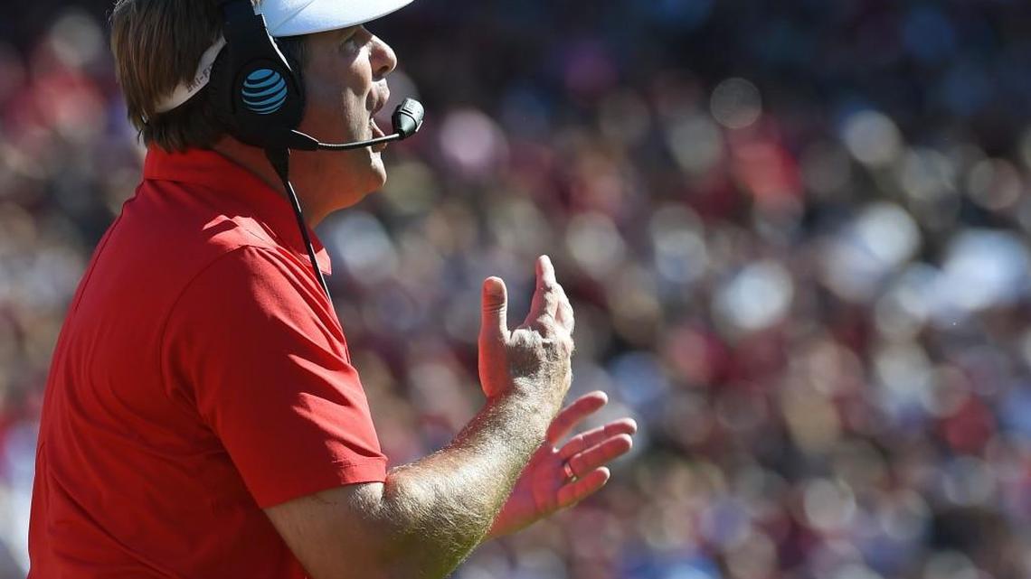 Georgia head coach Kirby Smart reacts on the sideline during Sunday’s game against South Carolina.