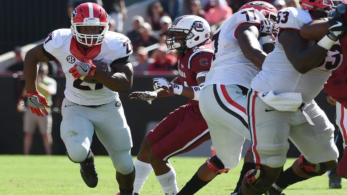 Nick Chubb ran for two touchdowns against South Carolina. 
