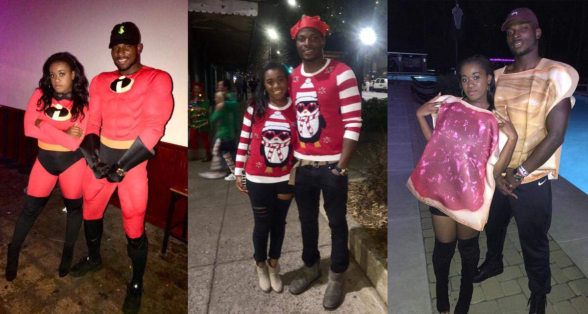 Last Christmas, Carter and Brooks bought sunglass-wearing penguin Christmas sweaters that lit up (center). For Halloween last year, they were a peanut butter and jelly sandwich (right). This year, they dressed up as Mr. and Mrs. Incredible (left) because the costume fit and Carter "didn't want to be anything scary," Brooks said. 