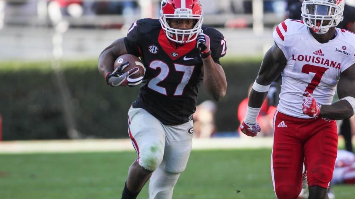 Georgia tailback Nick Chubb (27) caught a 49-yard touchdown pass in last season’s game against Louisiana-Lafayette.