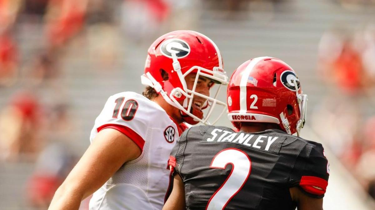 Sophomore quarterback Jacob Eason, photographed with receiver Jayson Stanley, completed a productive spring for the Bulldogs.
