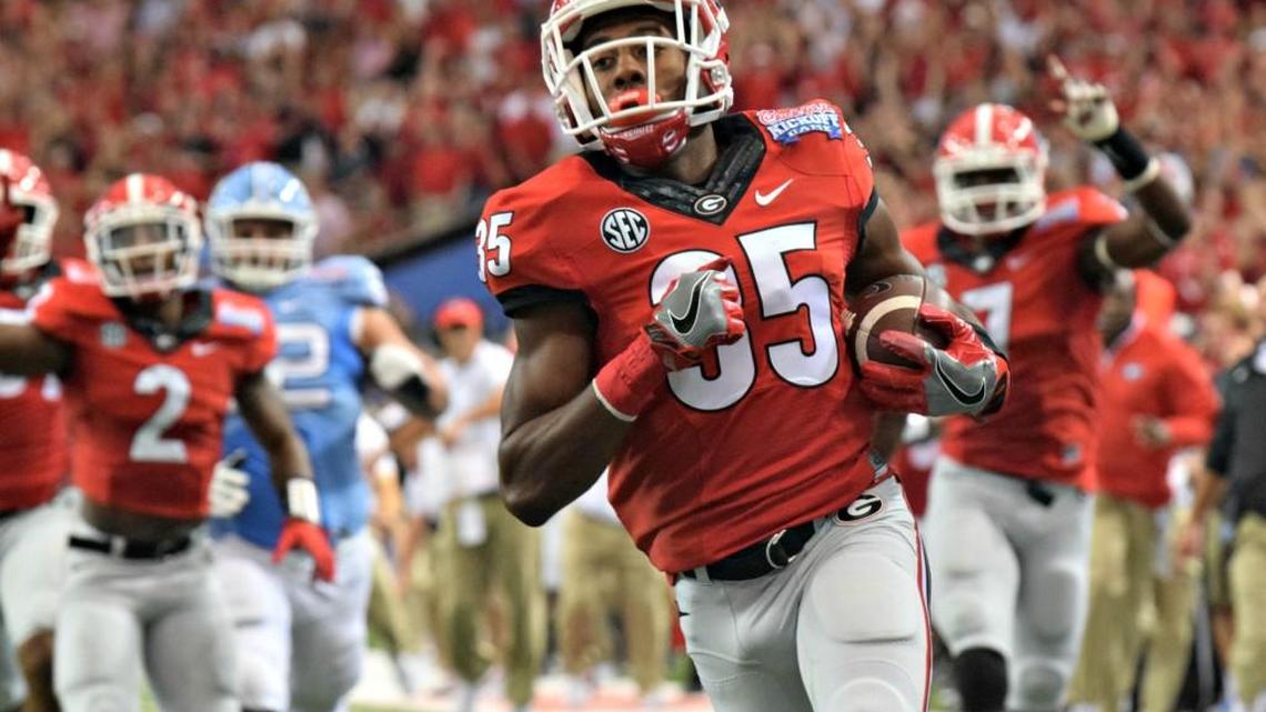 Georgia cornerback Aaron Davis, photographed in a 2016 game against UNC, is one of three candidates for the starting star position.