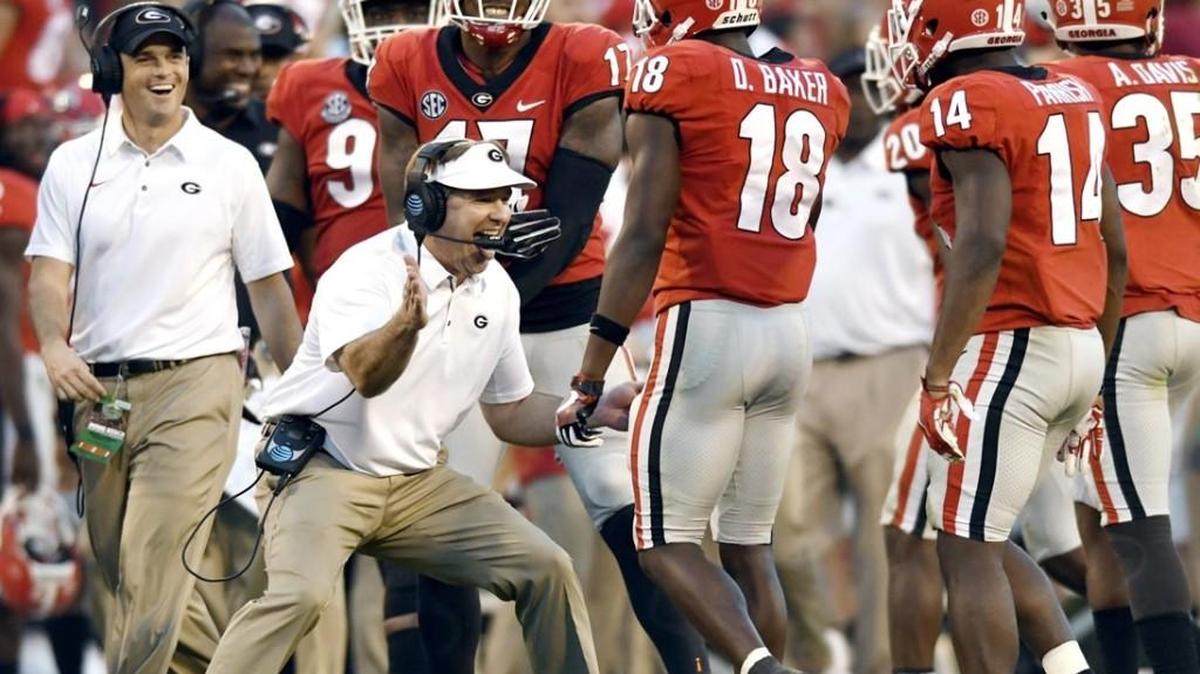 Georgia head coach Kirby Smart reacts on the sideline as his defense comes off the field.