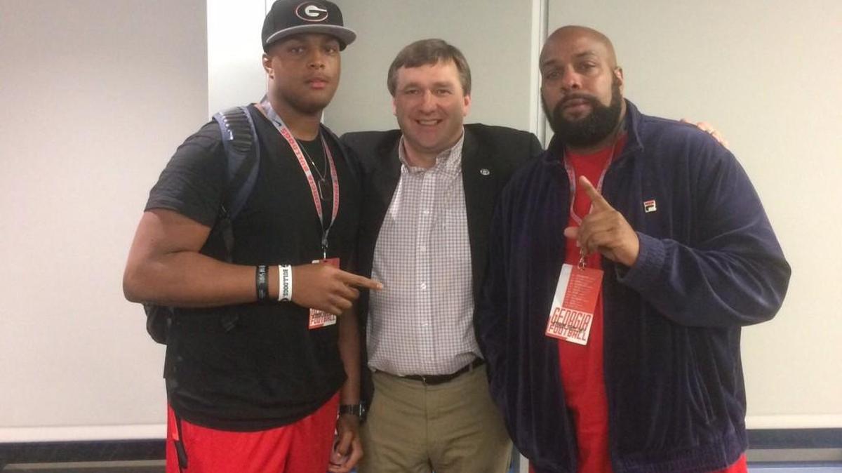 Rashad Cheney, left, is committed to Georgia head coach Kirby Smart, center, and the Bulldogs.