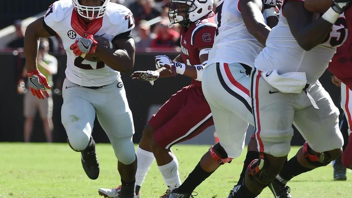 Georgia running back Nick Chubb (27) runs against South Carolina.