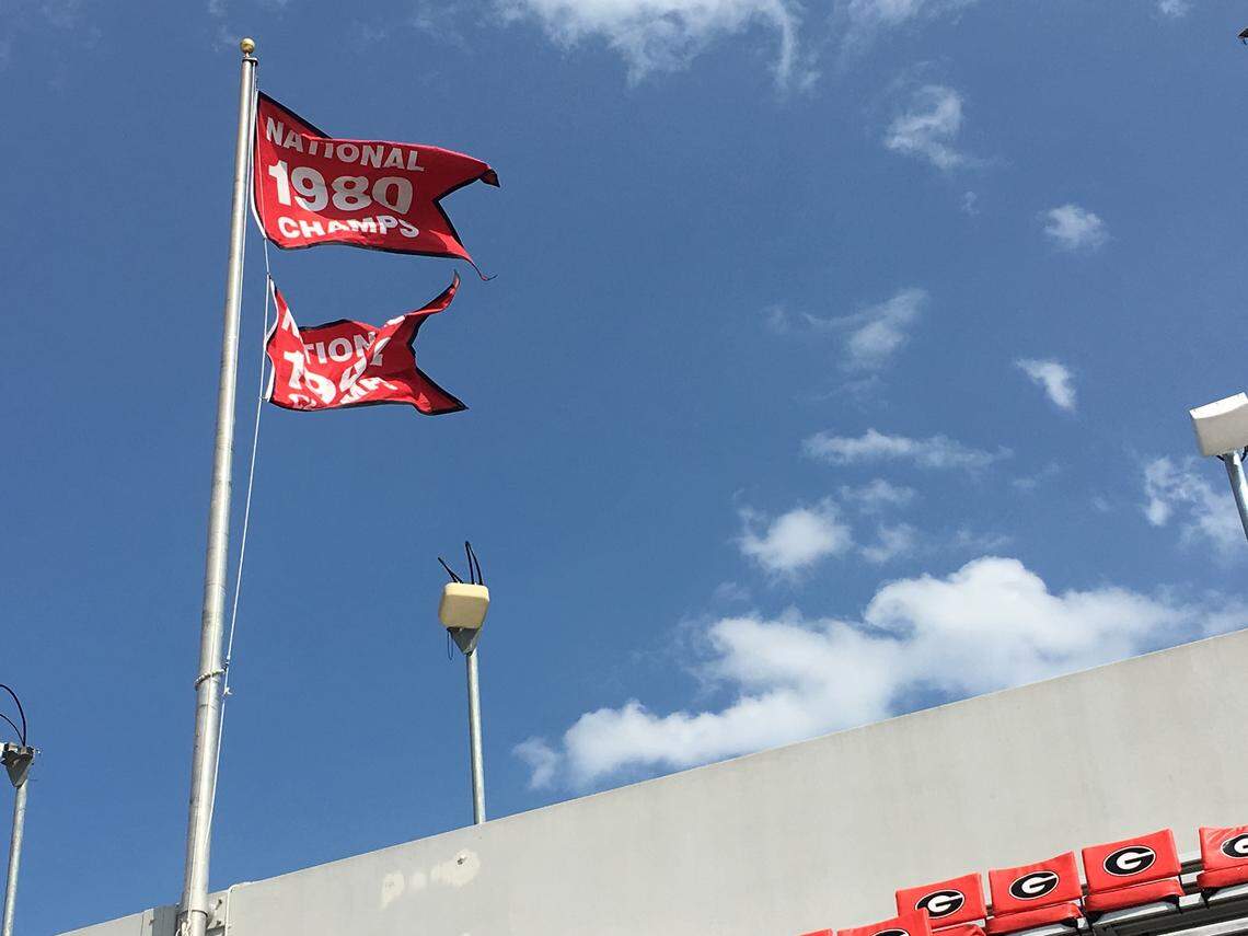 Georgia's 1980 National Champs flag at Sanford Stadium. 