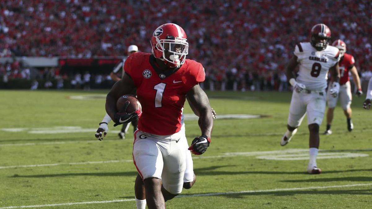 Georgia running back Sony Michel (1) scores a touchdown against South Carolina.