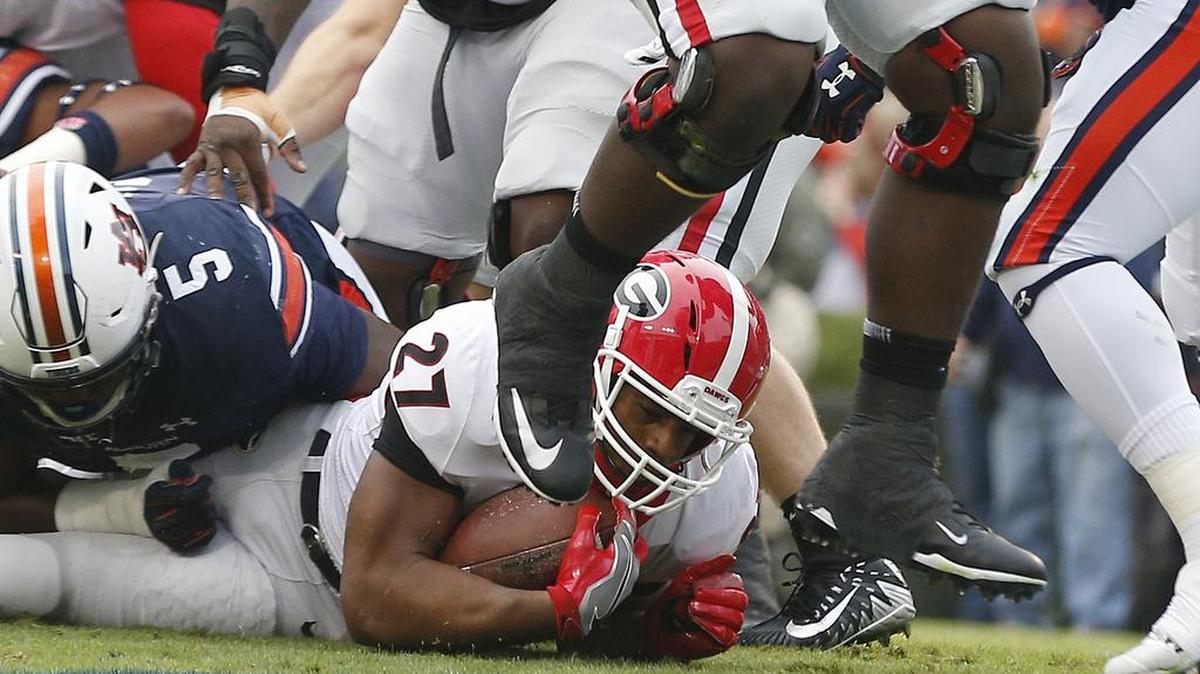 Georgia running back Nick Chubb scores a touchdown against Auburn.