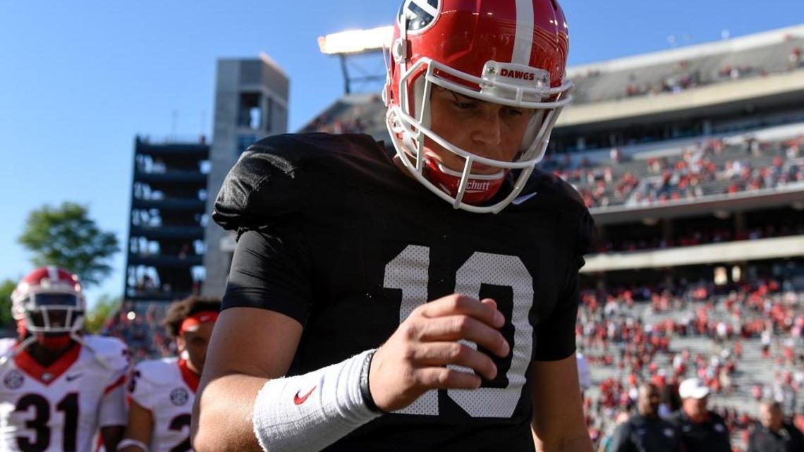 Georgia quarterback Jacob Eason (10) walks off the field after the annual G-Day game.