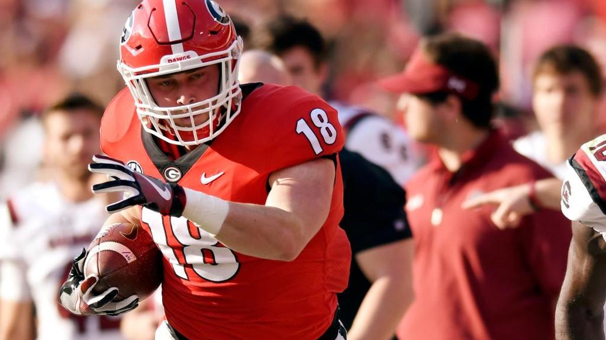 Georgia tight end Isaac Nauta (18) takes a reception down the sidelines during their game against South Carolina in early November.