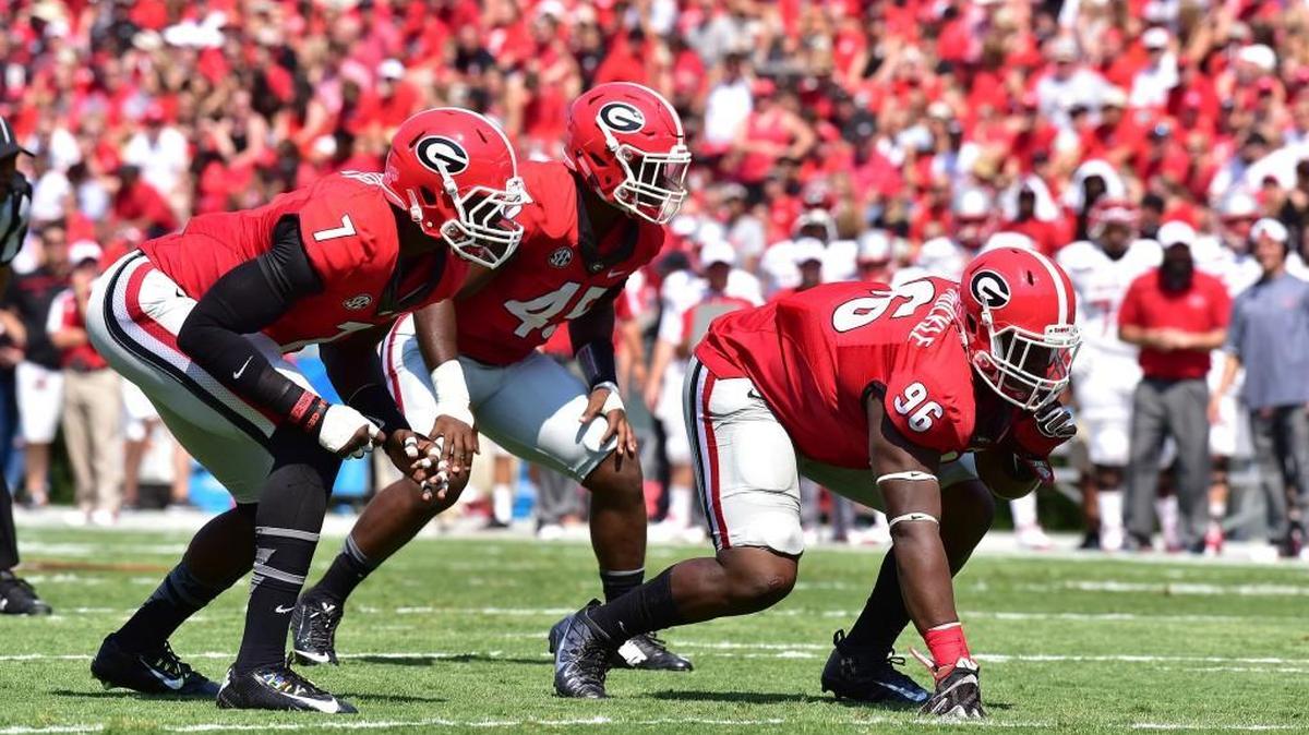 Georgia returns 10 starters on defense and even more who saw game action a year ago. Pictured here are Lorenzo Carter (7), Reggie Carter (45) and DaQuan Hawkins-Muckle (96).