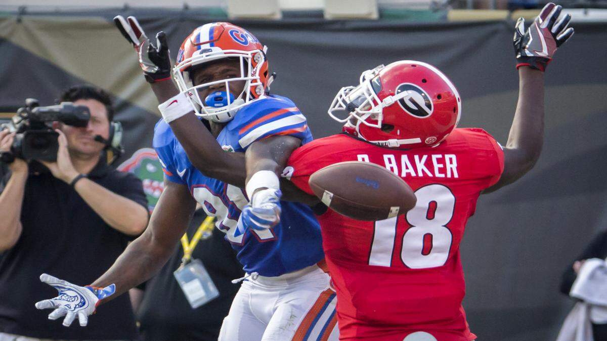 Deandre Baker was flagged for pass interference on this play in the third quarter but otherwise had an impressive game with 10 tackles and a pass breakup. 
