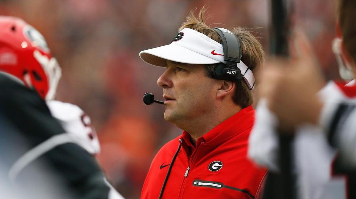 Georgia head coach Kirby Smart looks on towards the field during the first half against Auburn.