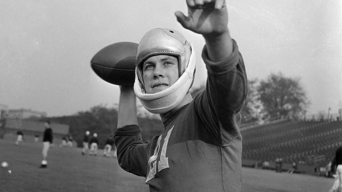 Frank Sinkwich, who played the 1941 Georgia-Florida game with a contraption to protect his previously broken jaw, is photographed.