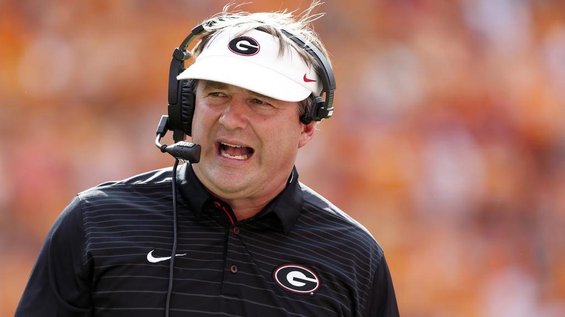 Georgia head coach Kirby Smart reacts during the first half of an NCAA college football game against Tennessee, Saturday, Sept. 30, 2017, in Knoxville, Tenn. (AP Photo/Wade Payne)
