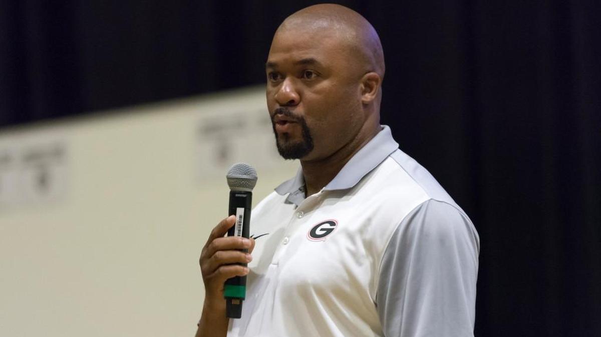 Georgia running backs coach Dell McGee gives a talk during the Bulldogs' coaching clinic at The Classic Center on Thursday, March 24, 2016, in Athens, Georgia
